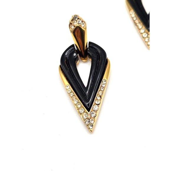 Vintage Oscar de la Renta signed ClipOn Earrings Black Enamel Gold-Tone Crystal - Picture 3 of 7
